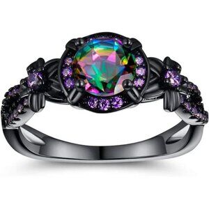 Women Eternity Ring 18K Black Gold Plated Mystic Topaz Halo Statement Jewelry